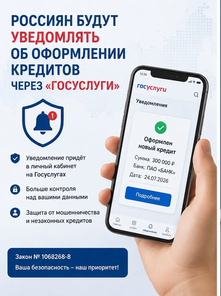 Новый закон об оформлении кредитов через уведомления на "Госуслугах".